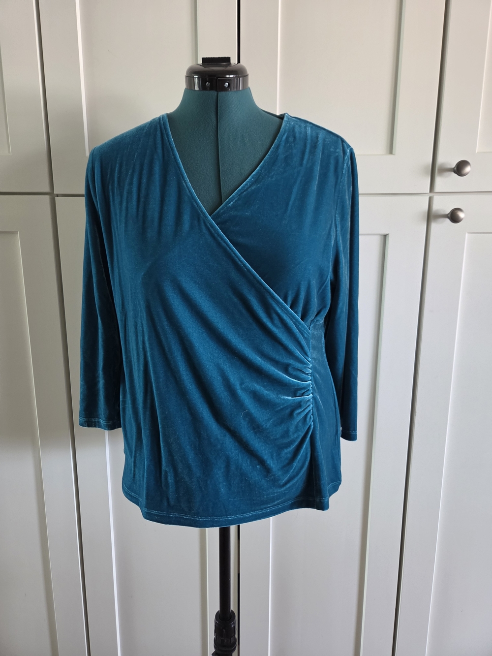 Velvet Faux-Wrap Tunic Top in Teal Size XL By Soft Surroundings